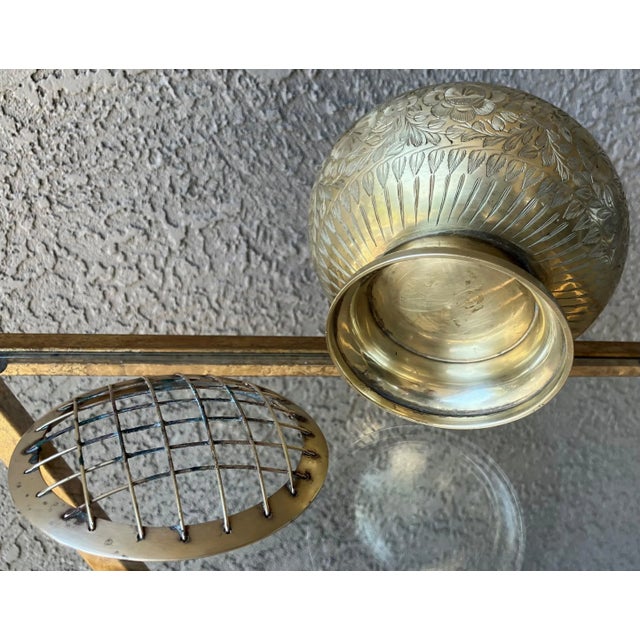 Circa 1970 Engraved Floral & Foliate Ikebana-Style Brass Pedestal Base Flower Frog For Sale - Image 10 of 14