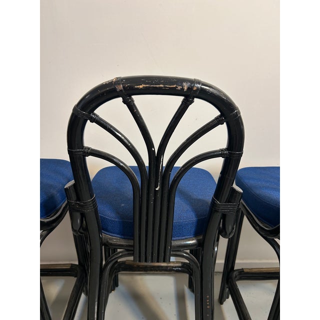 1970s Vintage Rattan Counter Stools Trio Blue Seats Fan Back For Sale - Image 9 of 12