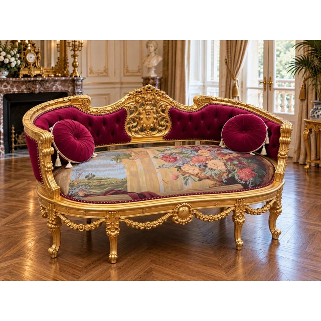 1970s 1970 French Artisan Louis XVI Gold Burgundy Sofa Set-3 Pc For Sale - Image 5 of 18