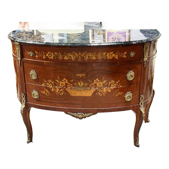 Early 20th Century Louis XV Style Demi Lune Marquetry Commode With Marble Top For Sale