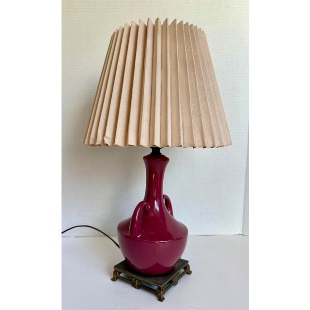 1960s Vintage Burgundy Glazed Ceramic Amphora Double Handle Table Lamp With Pleated Shade For Sale - Image 5 of 12