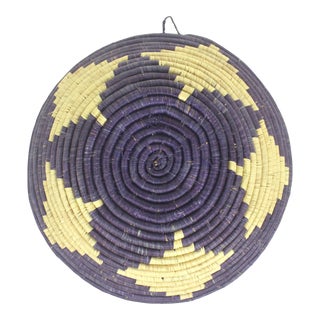 1980s Vintage African Coiled Straw Basket Purple Blue Beige Hand Woven Wall Basket For Sale