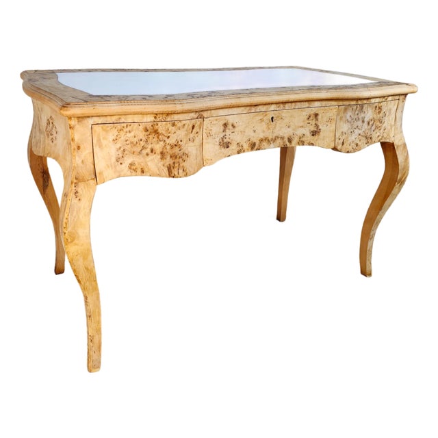 Final Clearance Burlwood Luxury Italian Writing Desk of Late 20th Century With Scalamandre Leaping Leopard Liner For Sale