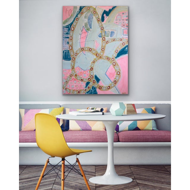 An expressive original contemporary abstract painting defined by sweeping gestural shapes, layered grid patterns, and a...