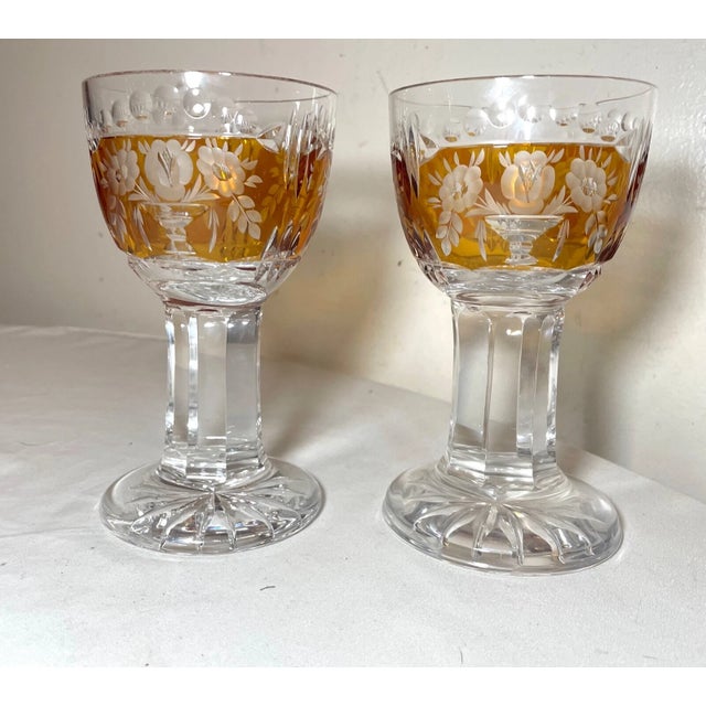 1950s Rare Pair Hand Cut to Clear Thick Stem Crystal Orange Glass Wine Goblet Glasses For Sale In New York - Image 6 of 12