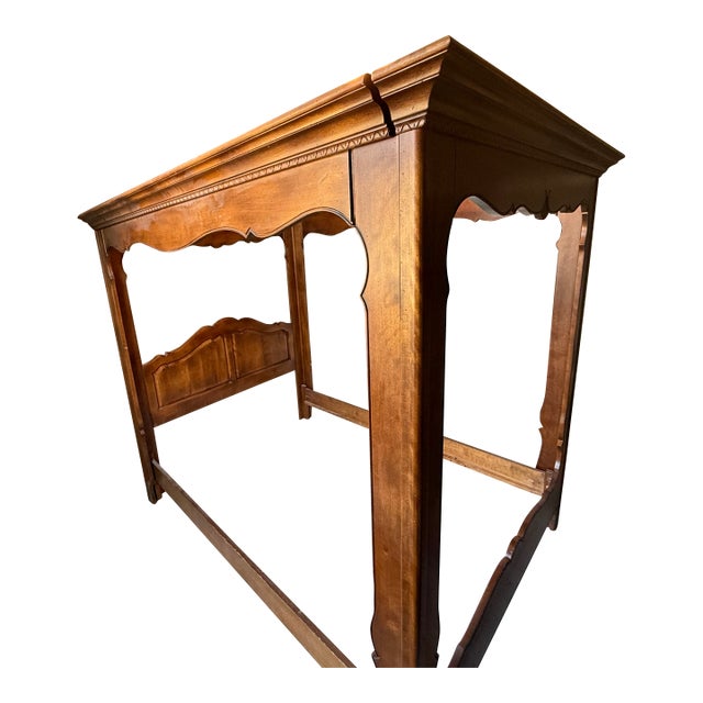 Ethan Allen Vintage Country French Queen Canopy Carved Poster Bed For Sale