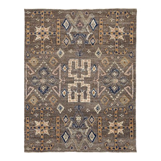 Modern Tulu Style Wool Area Rug – Geometric Tribal Motif in Earthy Brown & Cream For Sale