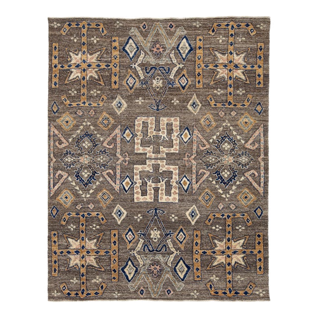 Modern Tulu Style Wool Area Rug – Geometric Tribal Motif in Earthy Brown & Cream For Sale