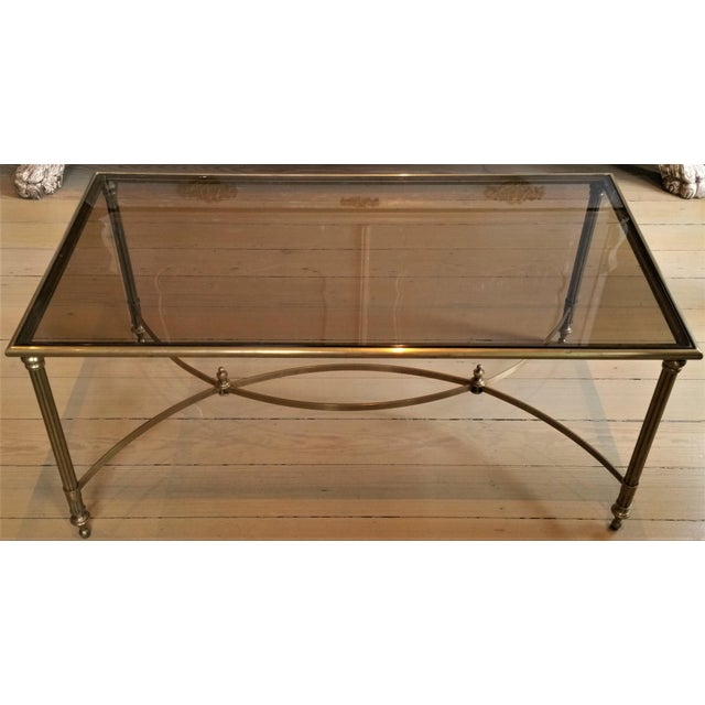 Metal Mid Century Brass & Smoked Glass Coffee Table With Curved Stretcher For Sale - Image 7 of 7