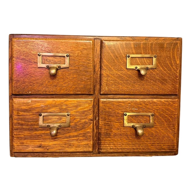 Vintage Macey Library Card Catalog – Four Drawer Wood Cabinet With Brass Hardware For Sale