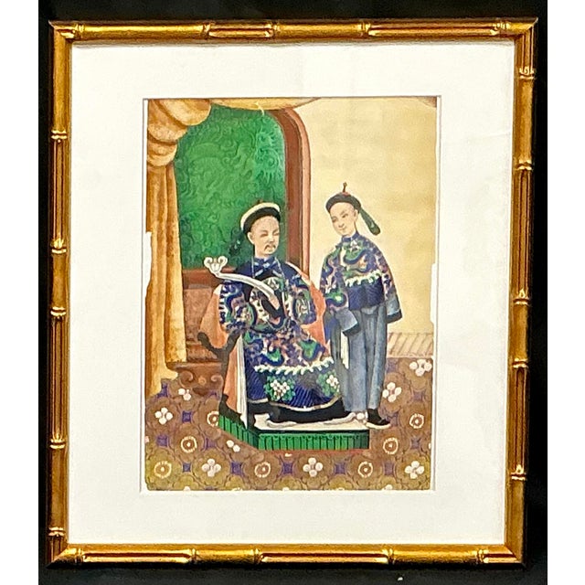 Green Chinese Ancestor Painting on Pith Paper, Faux Bamboo Frame For Sale - Image 8 of 8