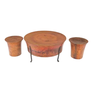 Vintage Hummered Forged Copper & Iron Round Coffee Table & Pair of Stools Seats - Set of 3