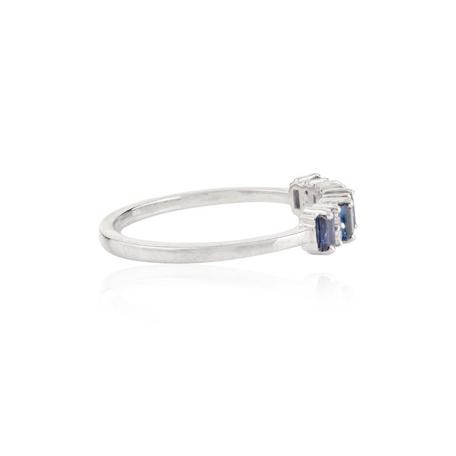 Metal Baguette Cut Blue Sapphire & Diamond Half Band Ring Size 5.5 For Sale - Image 7 of 11