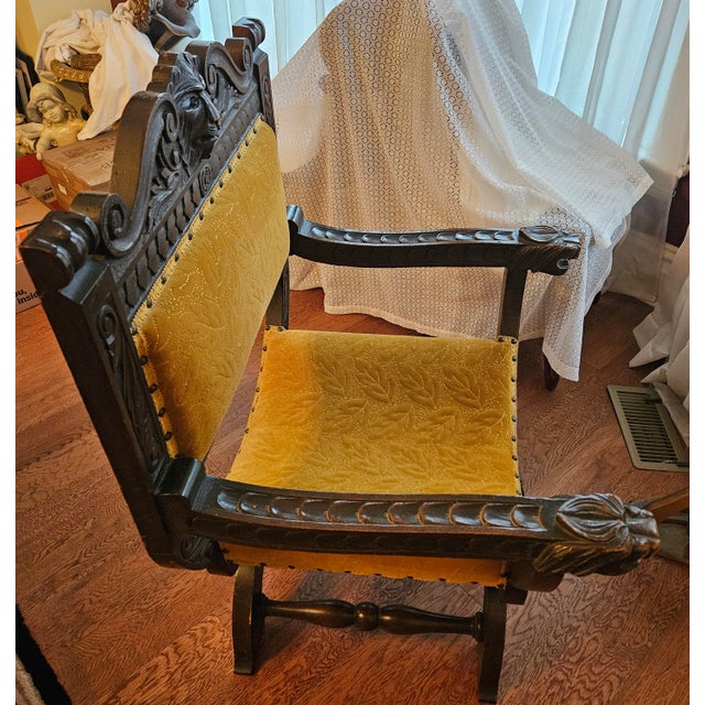 Renaissance 19th-Century Continental Renaissance Style Carved Walnut Lion Armchair in Gold Velvet For Sale - Image 3 of 7