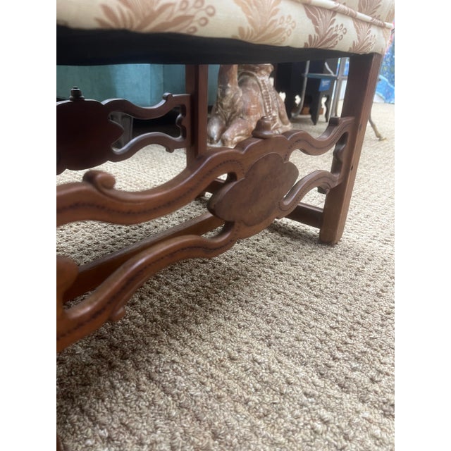1940s Vintage Carved Wood Bench With New Scalamandre Upholstery For Sale - Image 4 of 11
