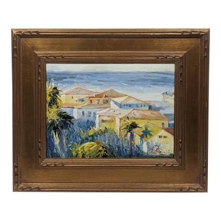 Late 20th Century Ray Simonini Mediterranean Village Oil Painting, Heavy Impasto, Blue & Gold For Sale
