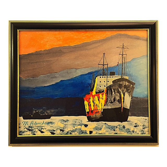Giclée Late-Century Signed Print on Canvas of Battleship at Sunset on Mediterranean Sea For Sale