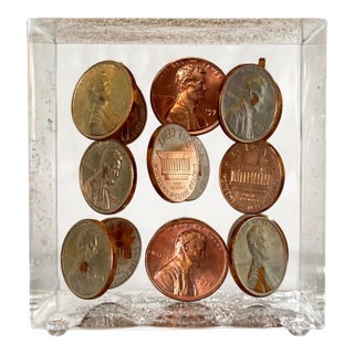Lincoln 1971 Acrylic Pennies Block Lucite Paperweight For Sale