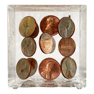 Lincoln 1971 Acrylic Pennies Block Lucite Paperweight