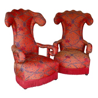 Large Armchairs in Red Silk with High Curved Backs and Scrolled Armrests, France, Early 20th Century, Set of 2 For Sale