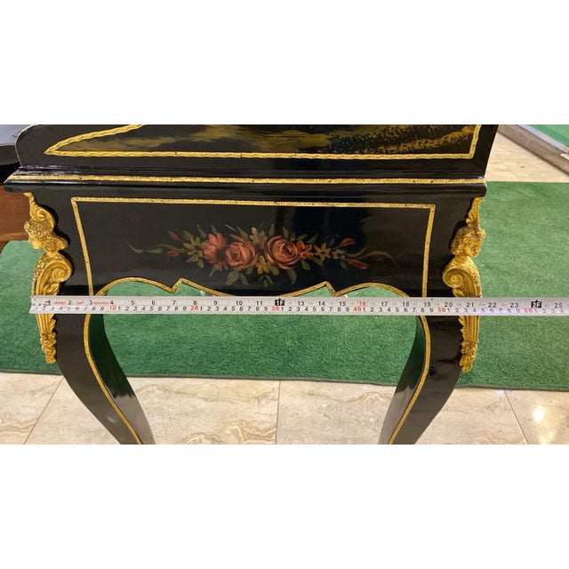 1960s French Louis XV Secretary Desk Hand-Painted Mahogany Bureau Plat 6 drawers-Black For Sale - Image 4 of 9