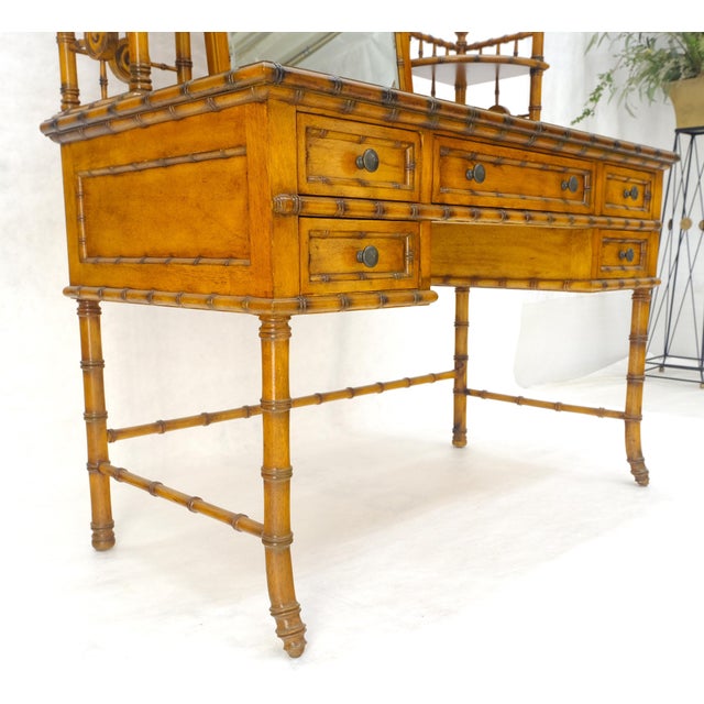 Fine Faux Burnt Bamboo Vanity Dressing 5 Drawers Table Tilting Mirror MINT For Sale - Image 15 of 18