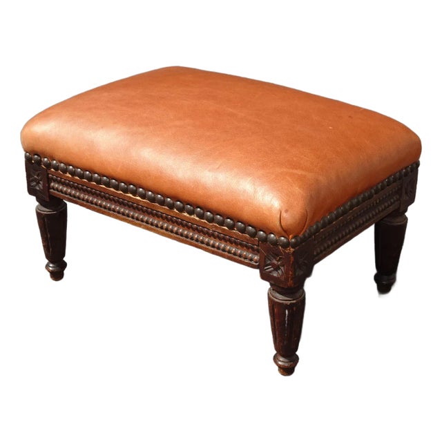Vintage French Provincial Burnt Orange Leather Footstool For Sale