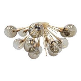 Italian Mezzo Natural Brass Murano Smoky Globe Flush Mount by Fabio LTD For Sale