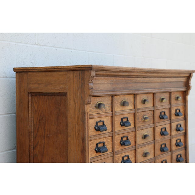 Rustic Antique 60-Drawer Solid Oak Apothecary Cabinet | Ventura County Workshop Cabinet For Sale - Image 3 of 18