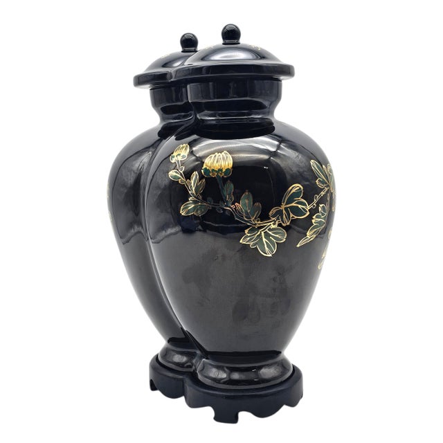 Black Rare Chinese Conjoined Ginger Jar With Stand 15.5" Black Gold Double Lidded For Sale - Image 8 of 15