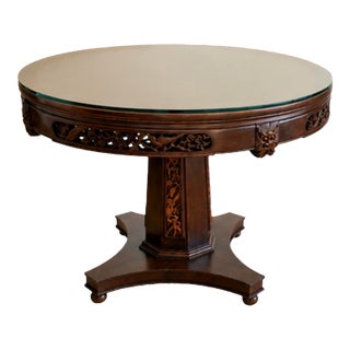 Vintage Chinese Hand-Carved Round Pedestal Dining Table With Beveled Glass Top For Sale