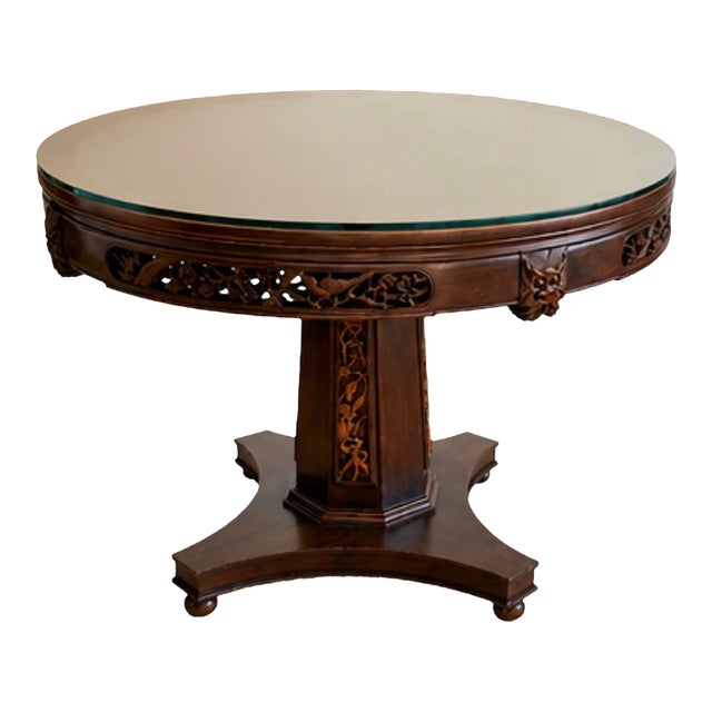 Vintage Chinese Hand-Carved Round Pedestal Dining Table With Beveled Glass Top For Sale