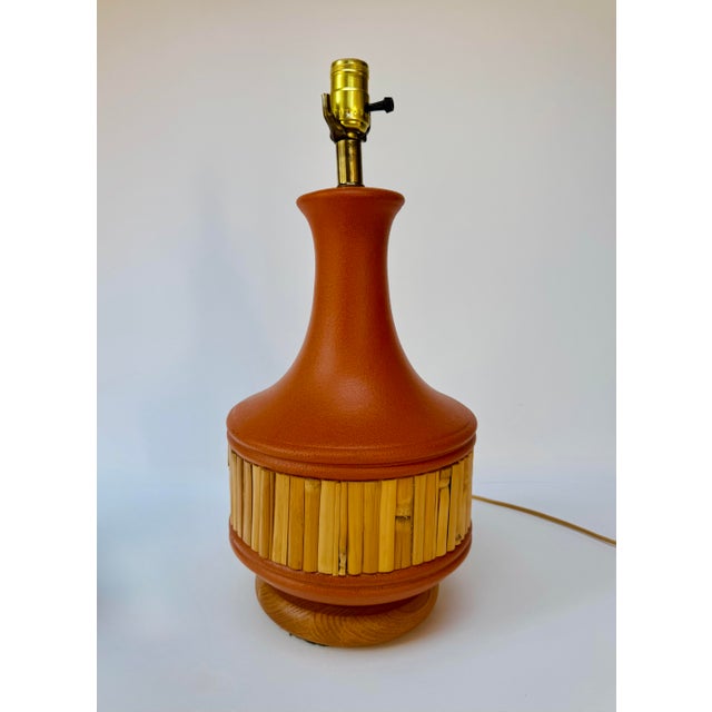 Vintage 1970s Ceramic Bamboo Table Lamp With Woven Shade For Sale - Image 6 of 16