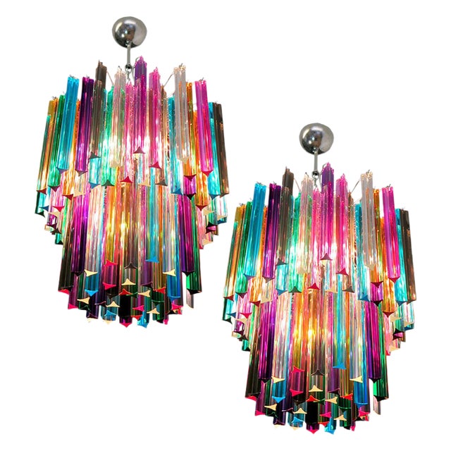 Multi-Color Triedri Chandeliers in Murano, 1970s, Set of 2 For Sale