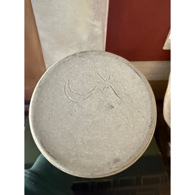 Cream Vintage Studio Pottery Vase Abstract Slip Decorated Stoneware 9.5 Inch Textured For Sale - Image 8 of 8
