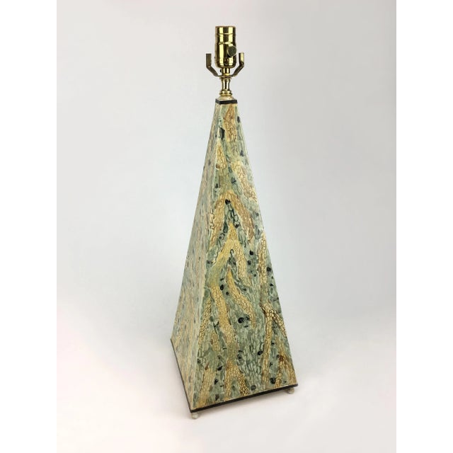 An unique obelisk lamp painted with an abstract style to match the unique shape. This green and yellow vintage lamp is a...