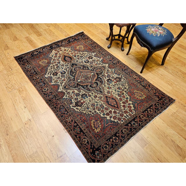 19th Century Persian Farahan Sarouk Area Rug, Hand-Knotted Wool, Floral Medallion Pattern, Ivory & Blue, 4x7 For Sale - Image 12 of 14