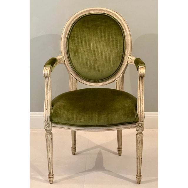 Set of Four Baker Louis XVI Painted Salon Chairs in Scalamandré Upcountry Velvet For Sale - Image 9 of 12