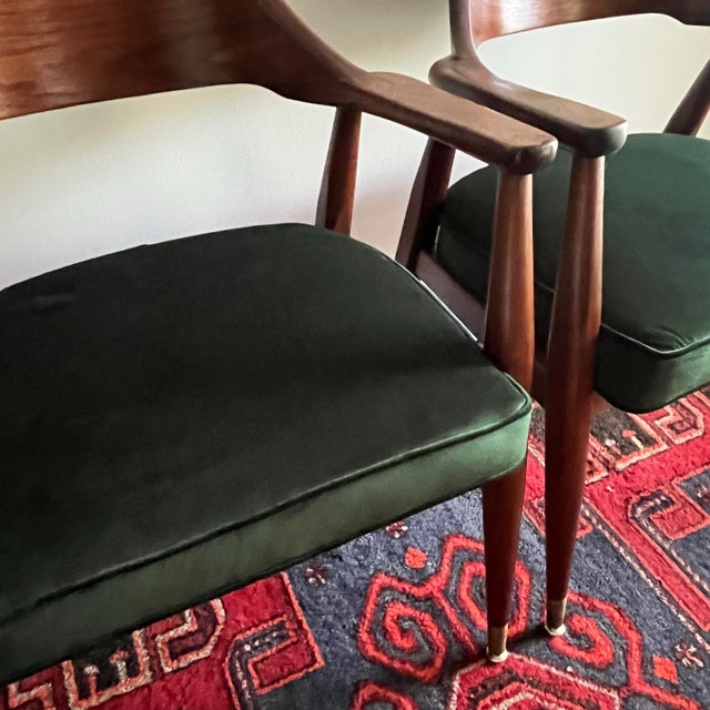 Mid-Century Modern Mid-Century Modern Chairs, Jasper Chair Company Walnut Armchairs in Emerald Green Velvet- A Pair For Sale - Image 3 of 12