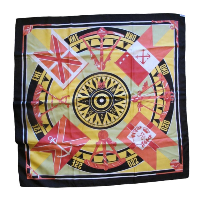 Hermes France Carre 90 Sextants Compass Pattern Black & Multi-Color Silk Scarf For Sale - Image 16 of 16