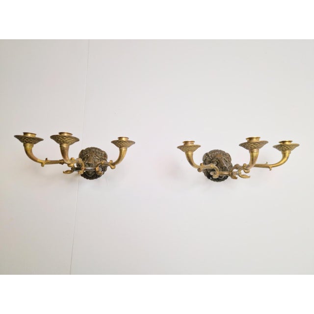 20th Century French Bronze & Brass Wall Sconces with Lion Heads, Set of 2 For Sale - Image 4 of 14