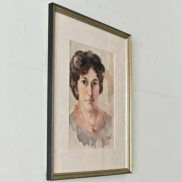 French Vintage Framed Watercolor Portrait of a Lady For Sale - Image 4 of 6
