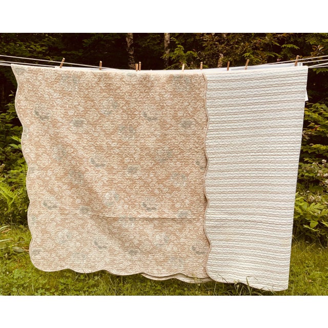 1940s Vintage French Boutis Quilt, Pastel Floral Toile & Stripe, Queen Size For Sale - Image 5 of 12