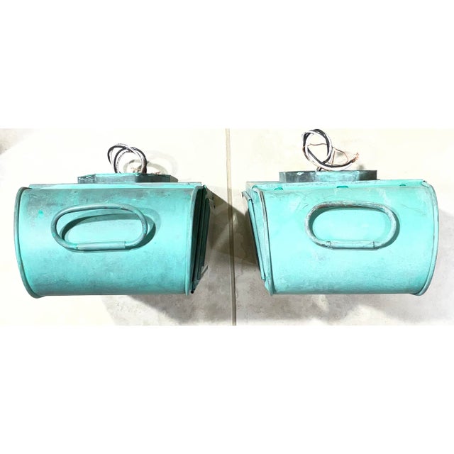 Pair of Antique Verdigris Copper Wall Lanterns – Converted & Electrified For Sale - Image 12 of 17