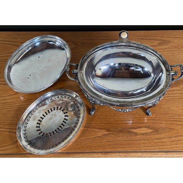 Antique Silver Plated Domed Roll Top Serving Dish W/ Pierced Insert For Sale In Providence - Image 6 of 12
