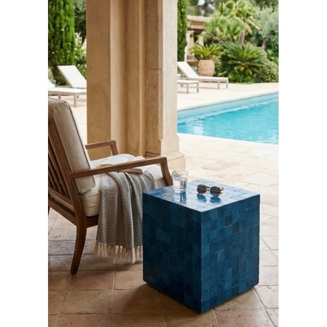 Vintage Moroccan Deep Blue Zellige Terracotta Tile Cube Side Table For Sale - Image 9 of 12