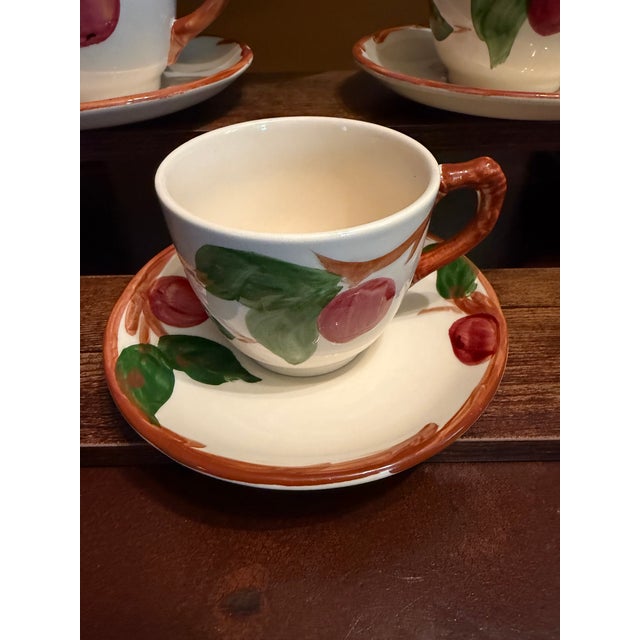 Mid-Century Modern 1950s Franciscan Apple Tea Cup & Saucer Set England Backstamp Hand Painted - Set of 4 For Sale - Image 3 of 8