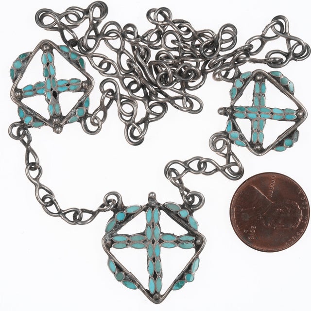 Native American Zuni Dishta Silver Flush Inlay Turquoise Necklace For Sale - Image 3 of 4