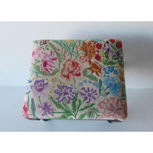 Vintage Vibrant Floral Needlepoint Footstool Ottoman Mid-Century For Sale - Image 11 of 14