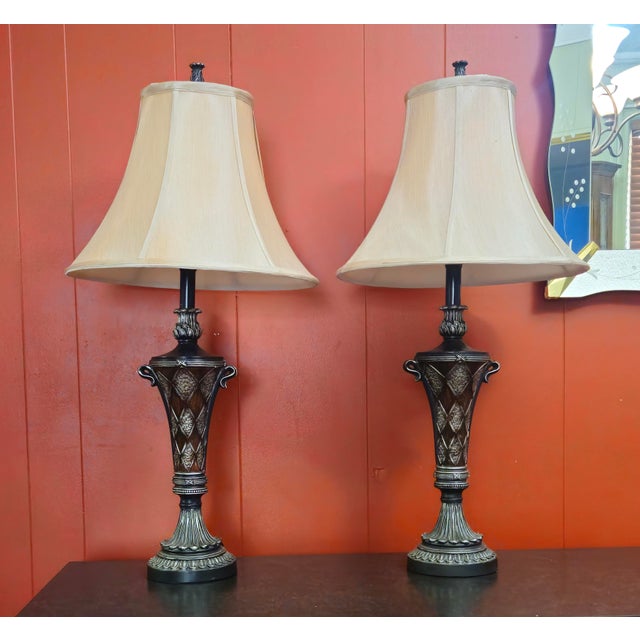 Table Lamps, 3-Way lighting with Fabric Shades - a pair Matching pair of elegant painted resin and metal table lamps with...